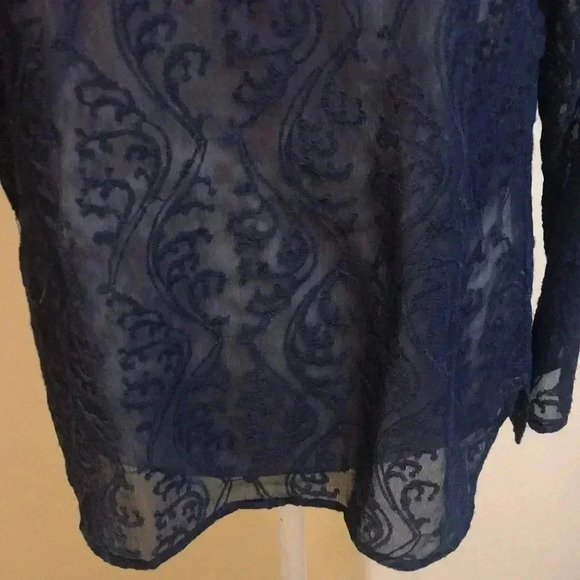 NWT Ann Taylor LOFT Navy Blue Floral Jacquard Sheer Long Sleeved Top-MP - Picture 6 of 12